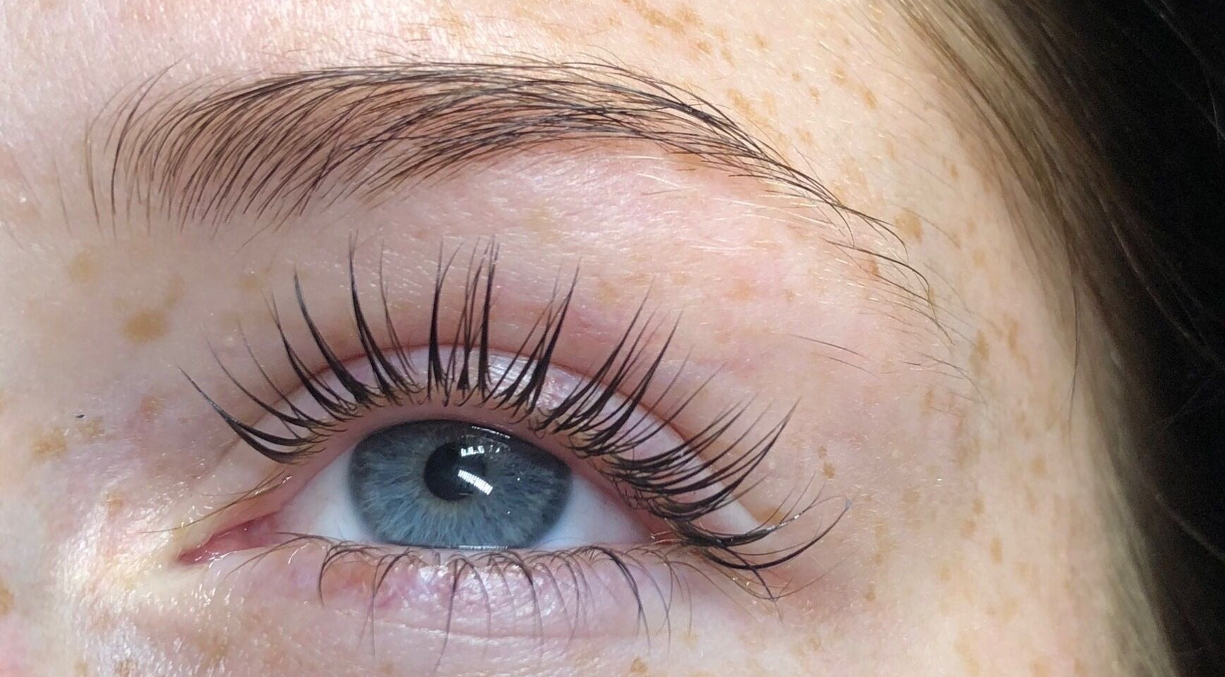Close-up of professionally styled eyelashes at Beau.t, Southwater, England, GB.