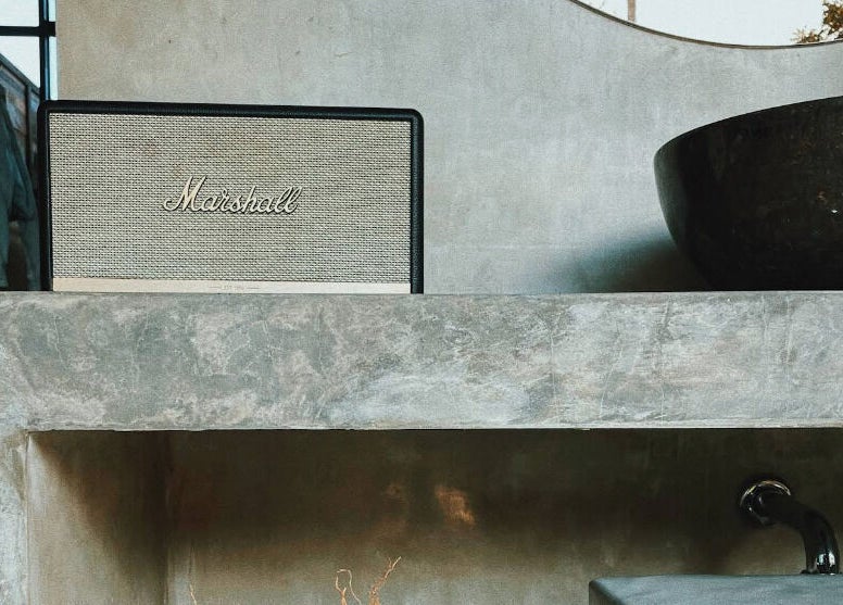 Elegant wash basin with retro speaker at Muka Concepts Jalan Green School, Sibang Kaja, Bali, ID.