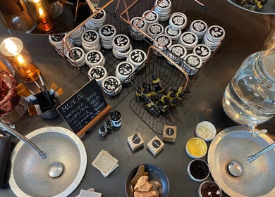 Muka Concepts Pererenan display of beauty products and brushes in Bali, Bali, ID showcasing a harmonious setup.