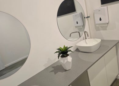 Modern restroom with plant and mirror at Elite Business Studios Pty Ltd, Joondalup, Western Australia, AU.