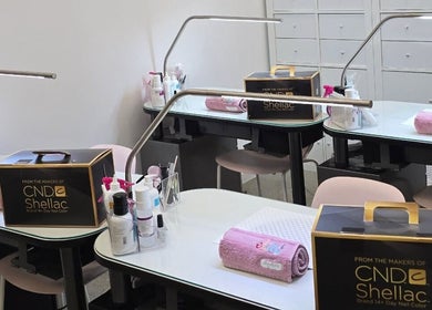 Modern nail stations at Elite Business Studios Pty Ltd, Joondalup, Western Australia, AU showcasing CND Shellac.