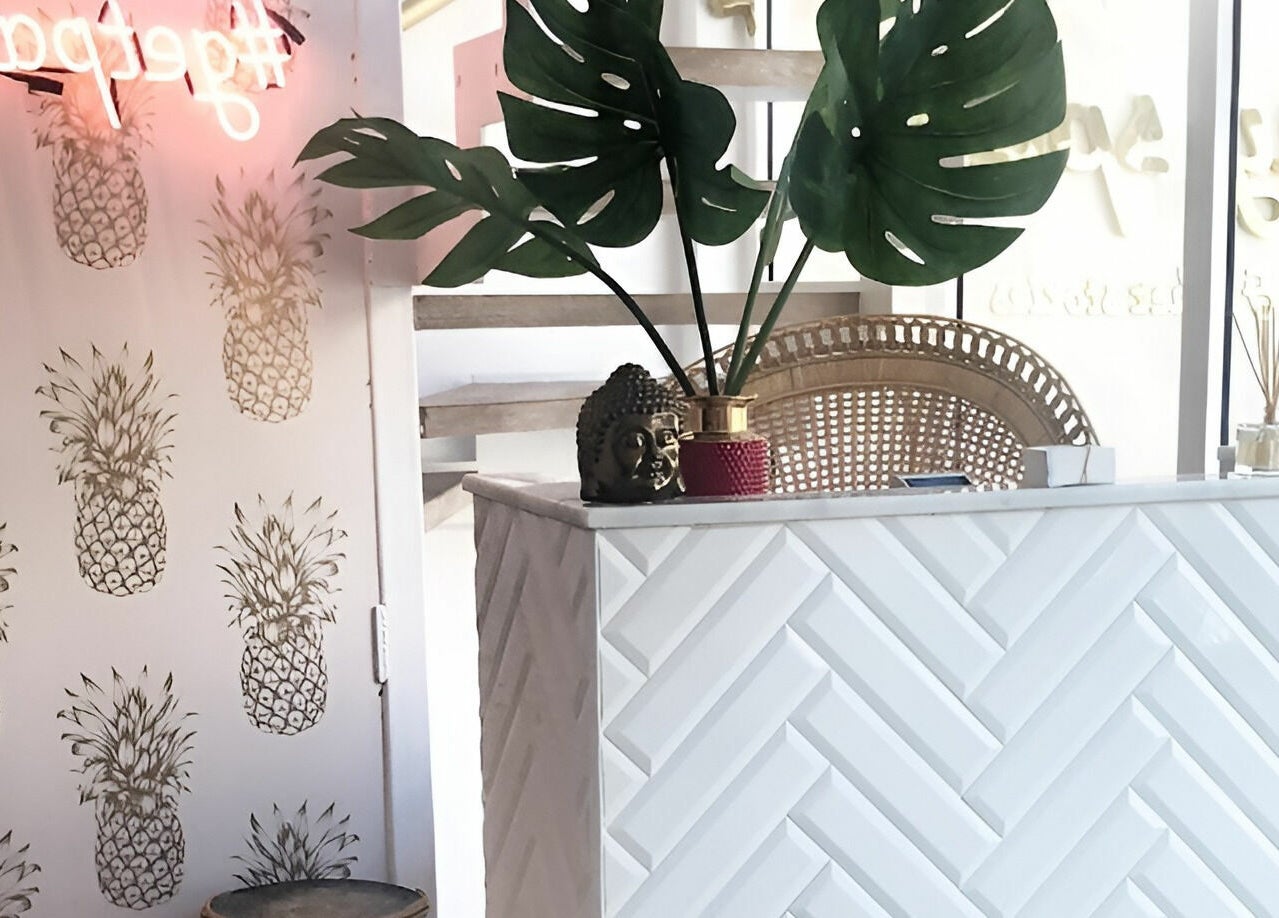 Chic reception at Oh My Spa, Argostoli, GR, featuring tropical decor and serene ambiance.