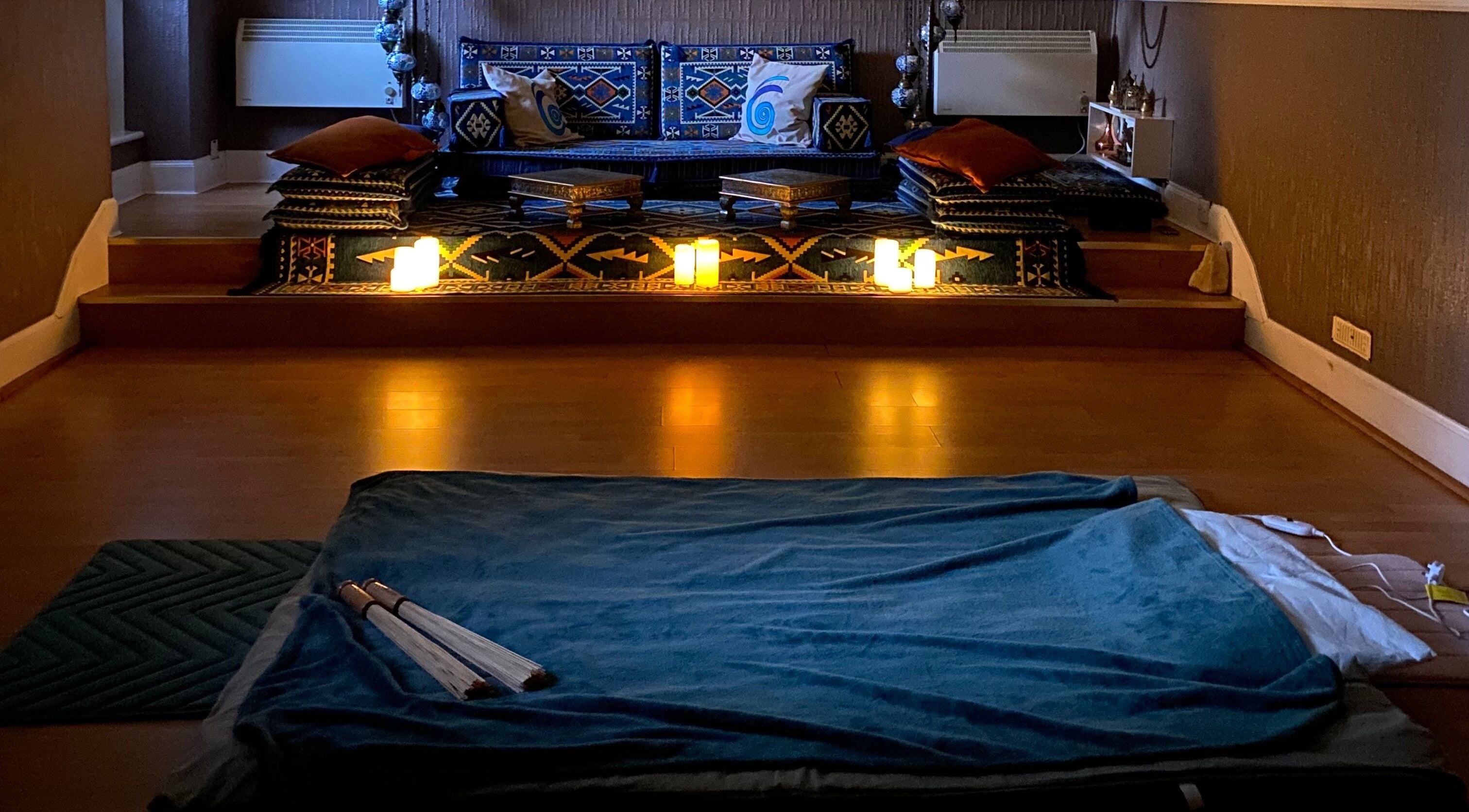 Candlelit treatment room at Zilda Holistic Therapies in Dunfermline, Scotland, GB offering serene relaxation.