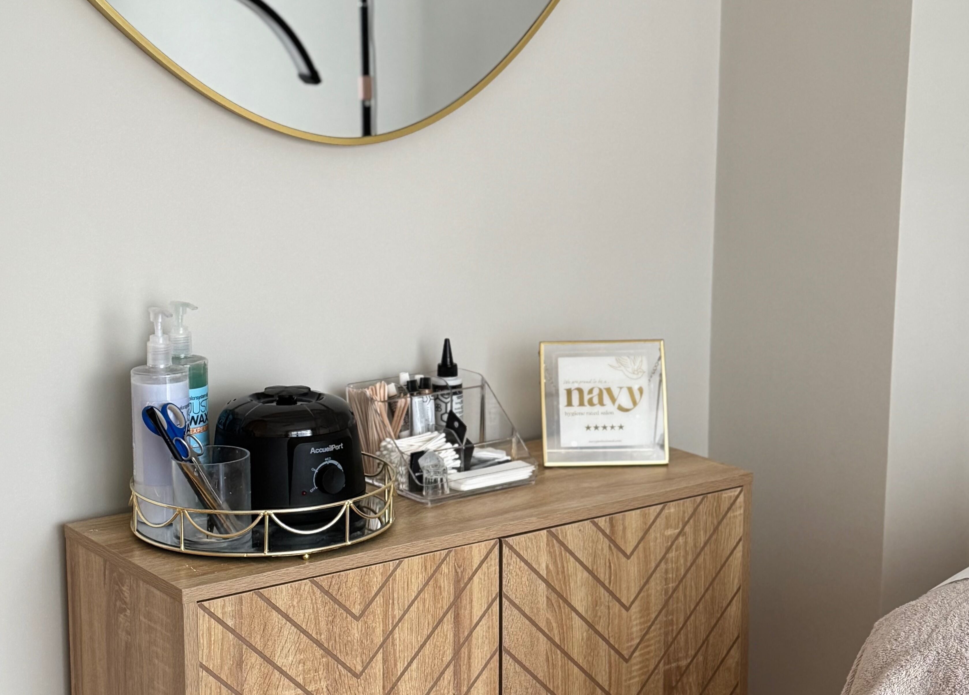 Beauty essentials at Morgans Beauty, Mortimer Common, England, showcasing chic and organized salon setup.