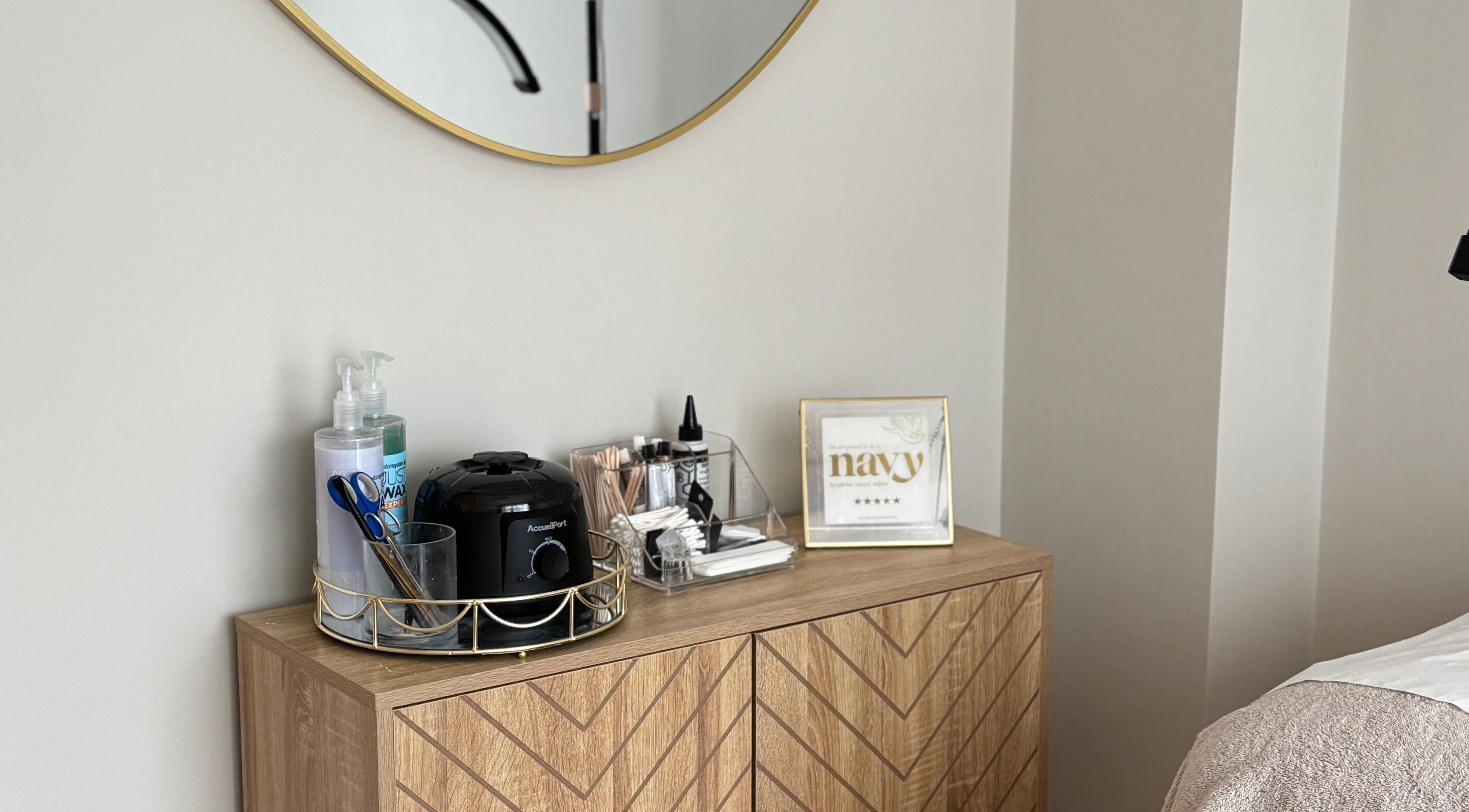 Beauty essentials at Morgans Beauty, Mortimer Common, England, showcasing chic and organized salon setup.