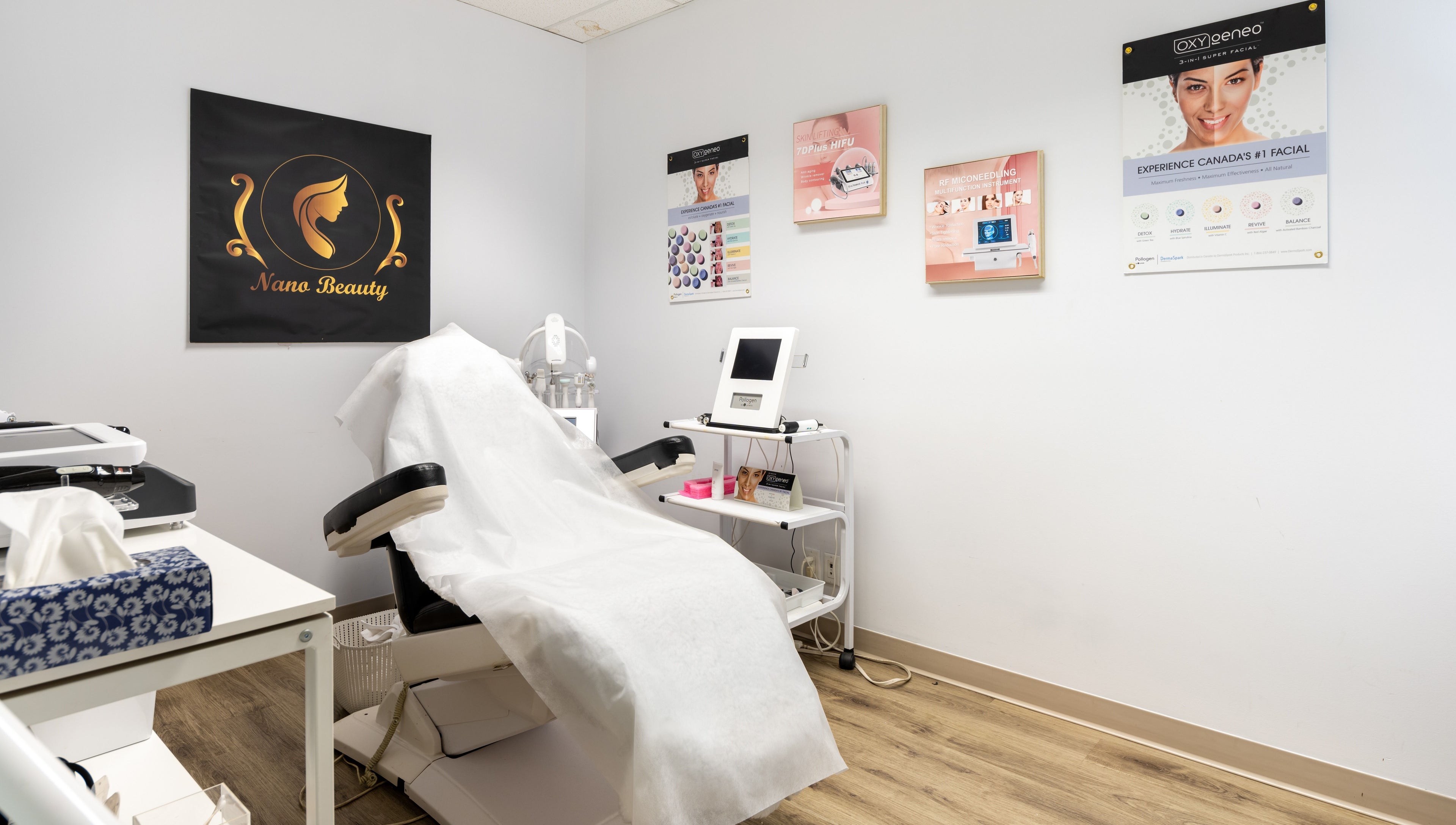Treatment room at Nano Beauty, New Westminster, British Columbia, CA, featuring a luxurious facial chair and equipment.