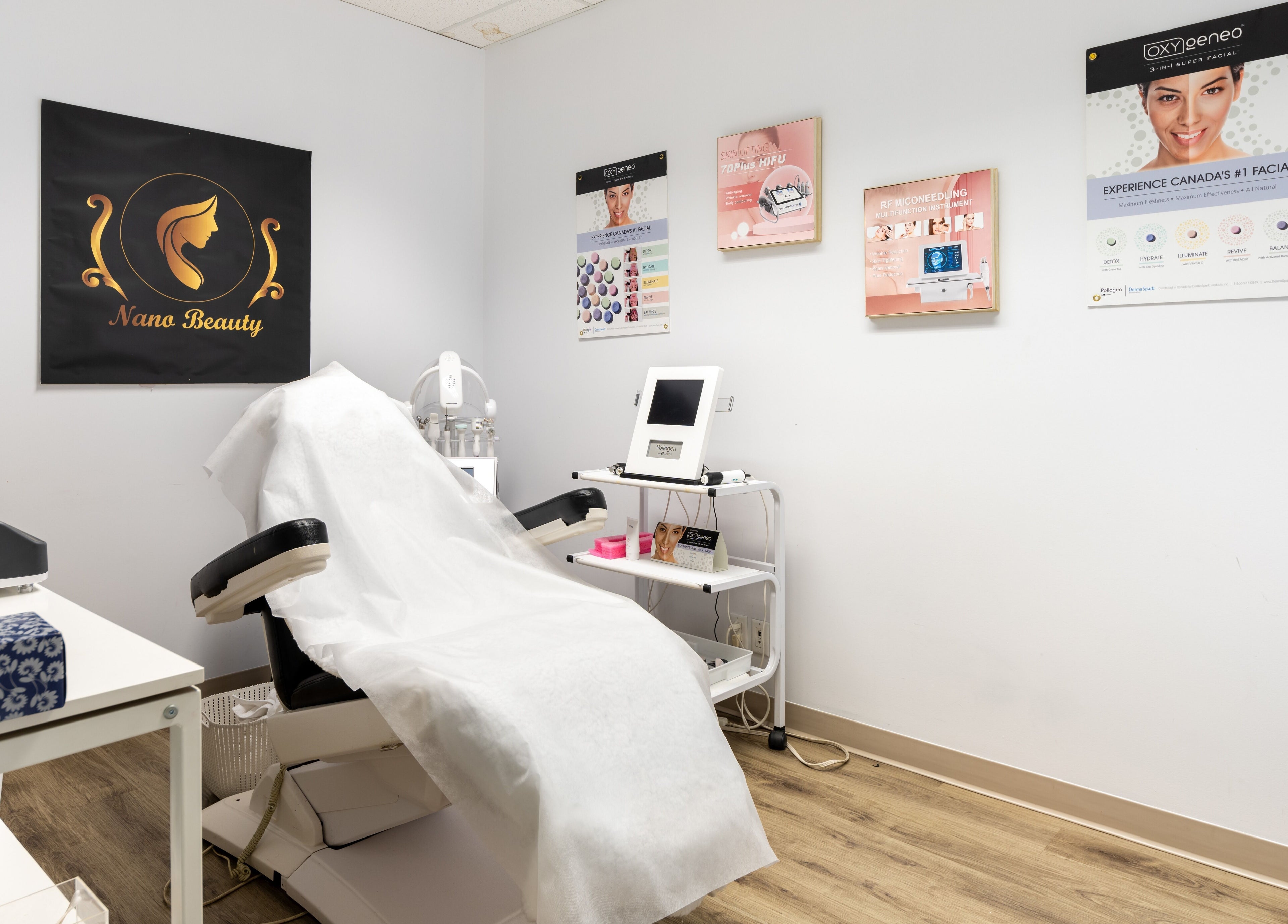 Treatment room at Nano Beauty, New Westminster, British Columbia, CA, featuring a luxurious facial chair and equipment.