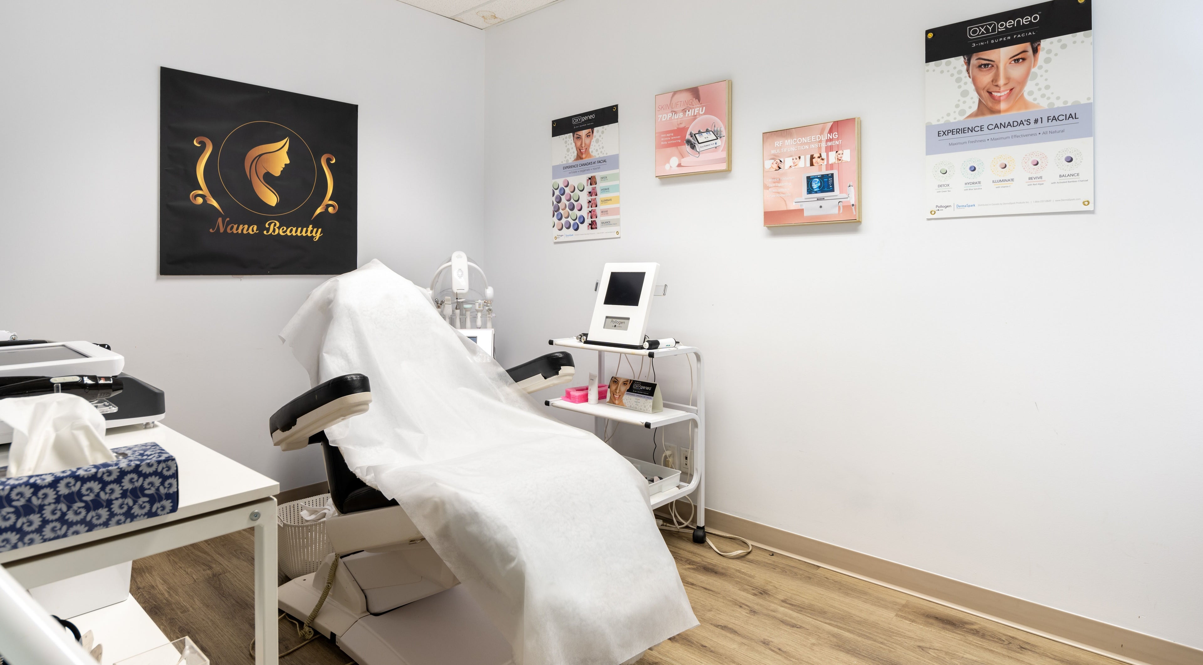 Treatment room at Nano Beauty, New Westminster, British Columbia, CA, featuring a luxurious facial chair and equipment.