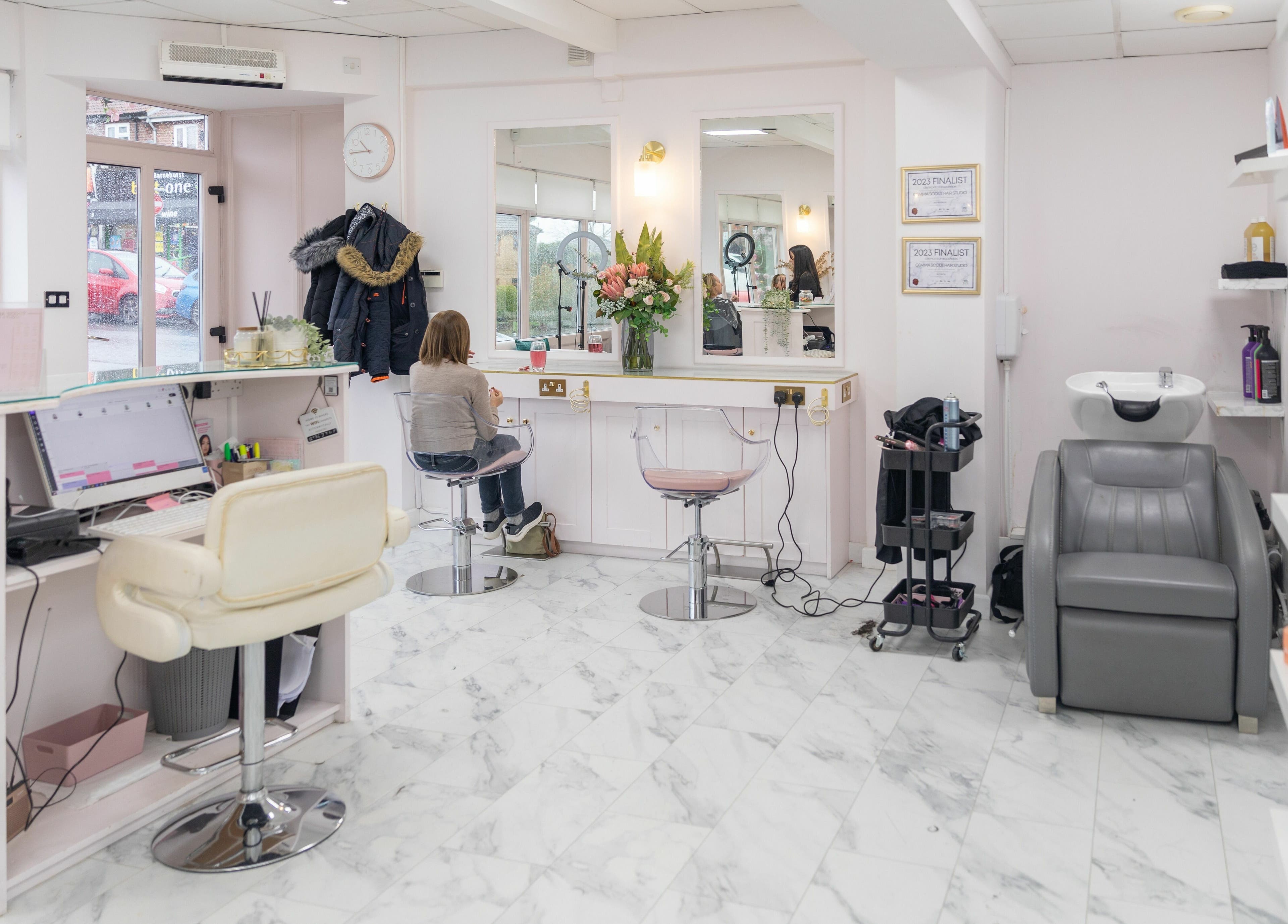 Elegant interior of Gemma Scout Hair Studio - Bexleyheath in Bexleyheath, England, GB with styling stations.
