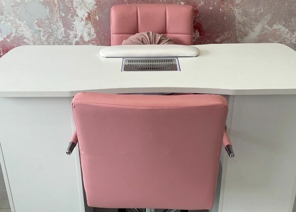 Modern nail station with pink chair at On Point SE19, London, England, GB.
