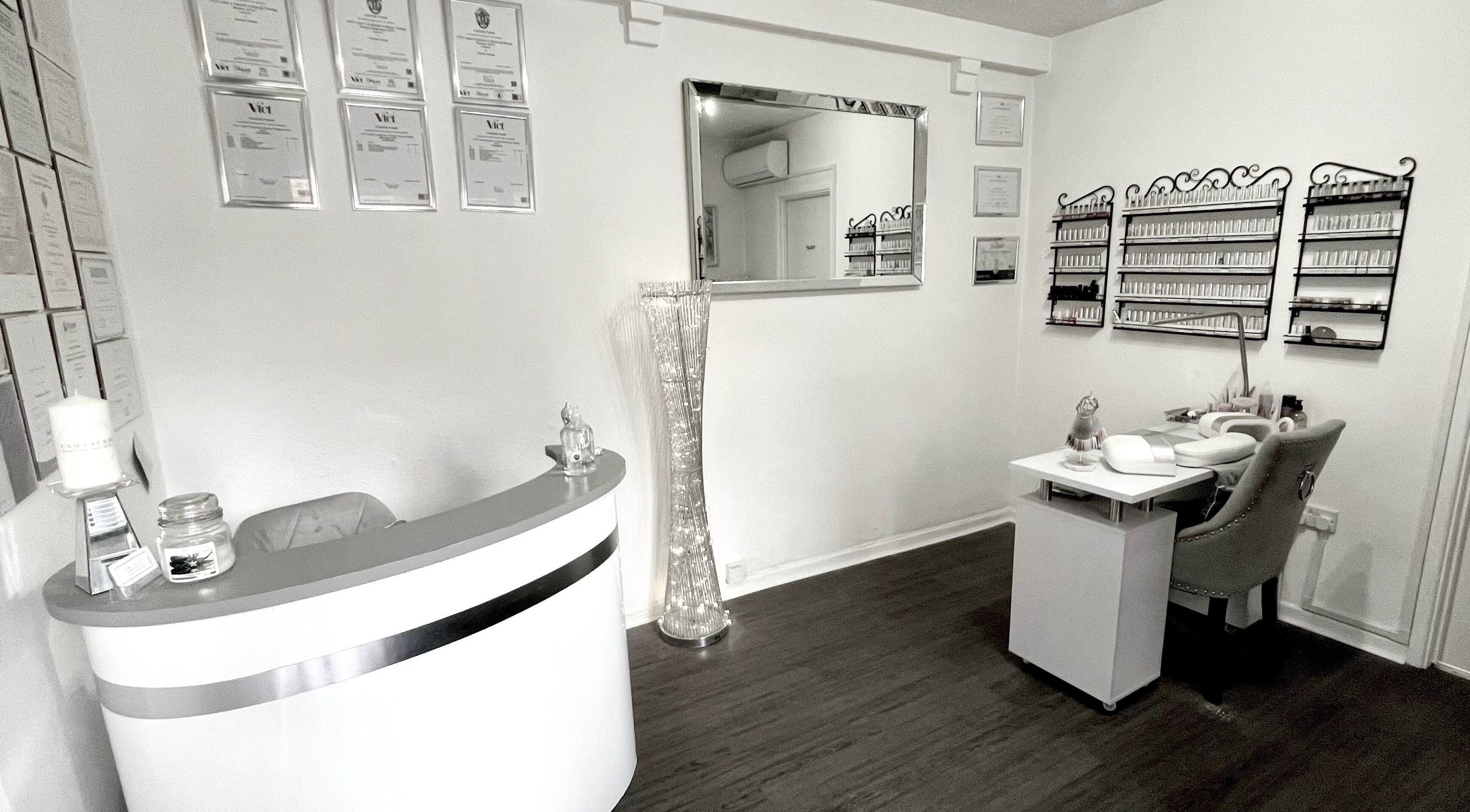 Elegant reception and manicure area at Enhanced Beauty and Well-Being, Swindon, England, GB.