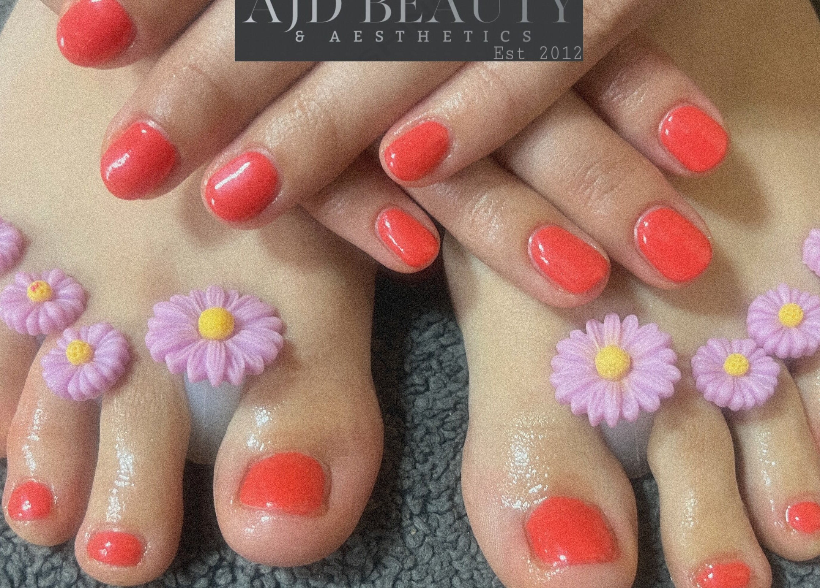AJD Beauty & Aesthetics Doncaster England offers vibrant floral manicure and pedicure service.