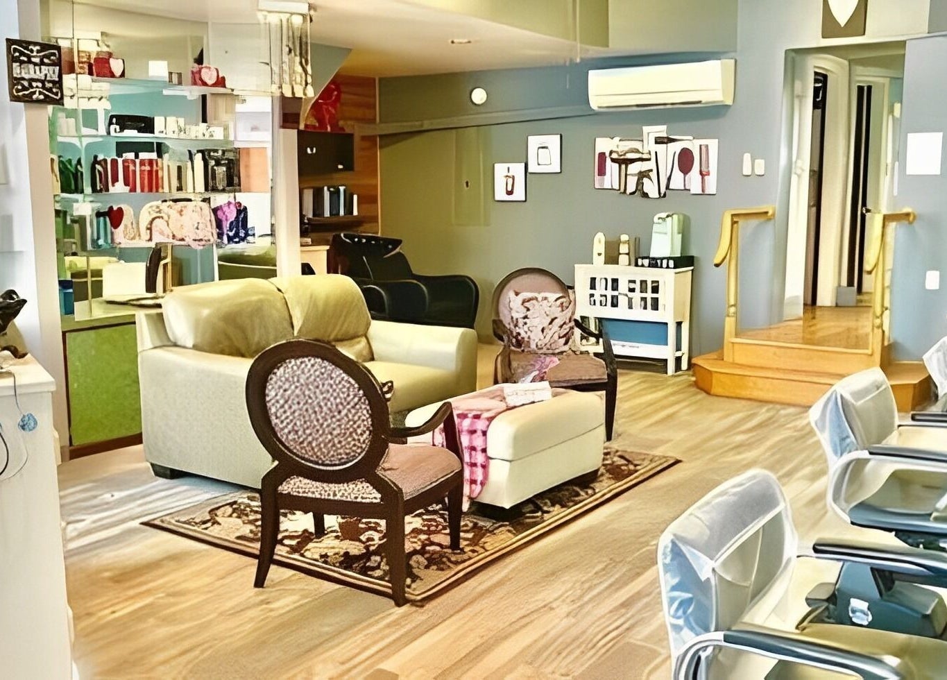 Comfortable seating area with chic chairs at Obsessions Salon, North Tonawanda, New York, US.