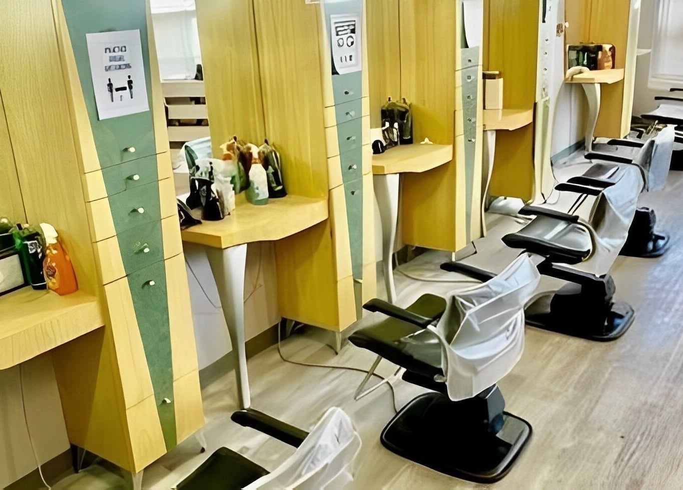 Modern salon chairs and stations at Obsessions Salon in North Tonawanda, New York, US.