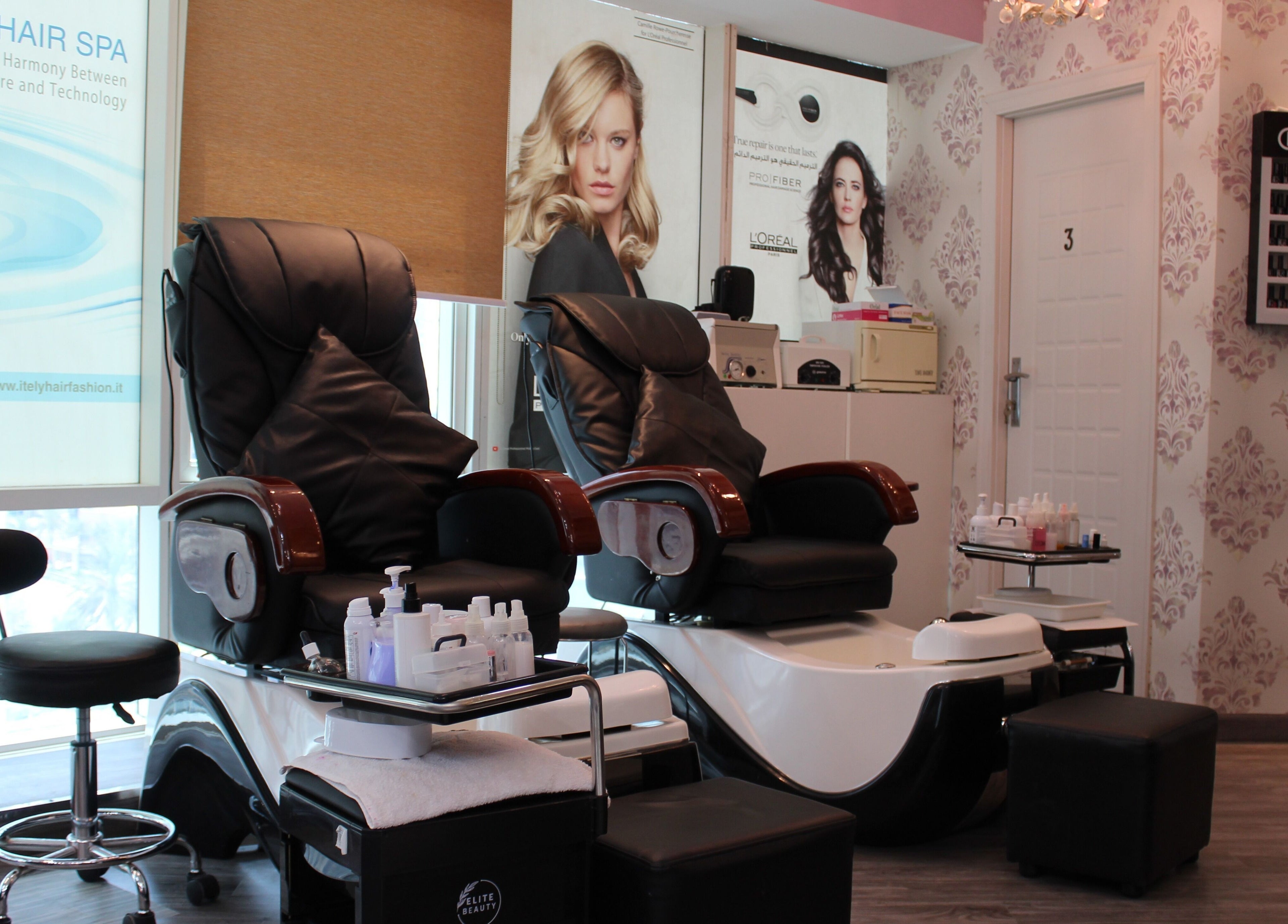 Elegant pedicure spa chairs at Beauty Beat DMCC, Dubai, Dubai, AE offering luxurious wellness services.