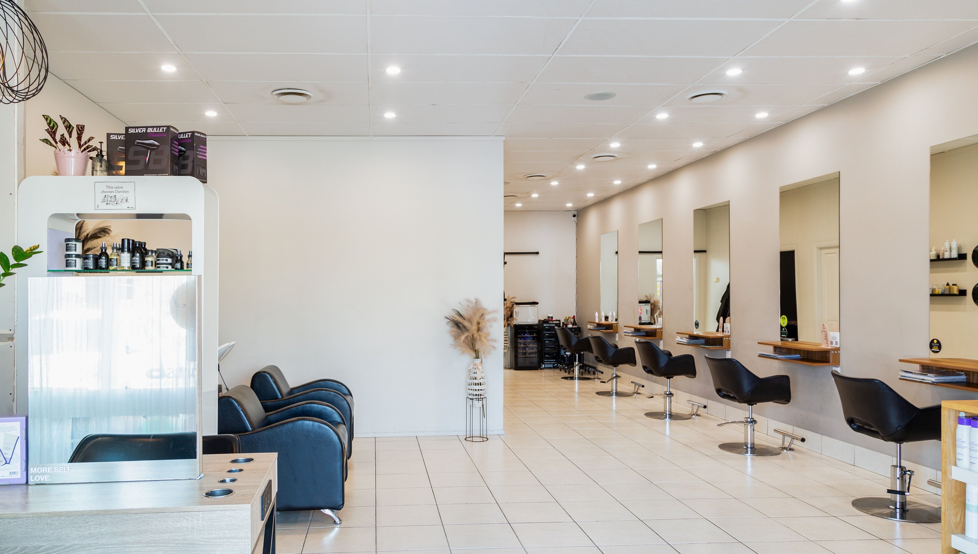 Modern salon at The Hair Collective - Aesthetics Co., Helensvale, Queensland, AU, with sleek chairs and stylish decor.