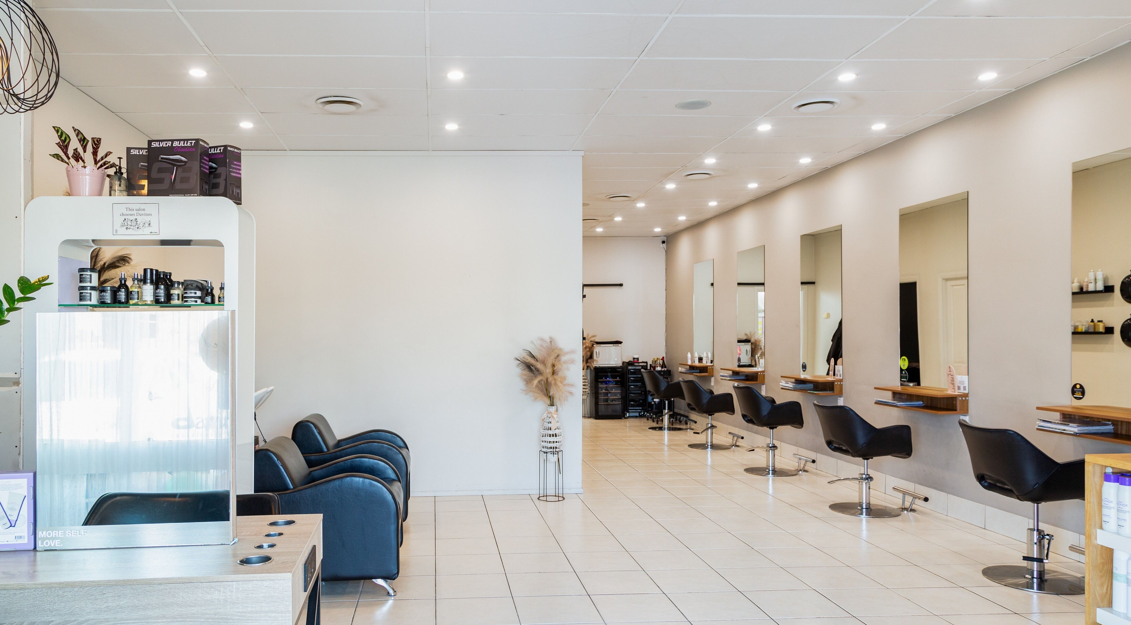 Modern salon at The Hair Collective - Aesthetics Co., Helensvale, Queensland, AU, with sleek chairs and stylish decor.