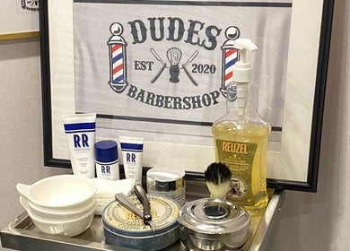 Grooming tools at Dudes Barbershop, Sheung Wan, Hong Kong Island, HK, showcasing premium shaving products.