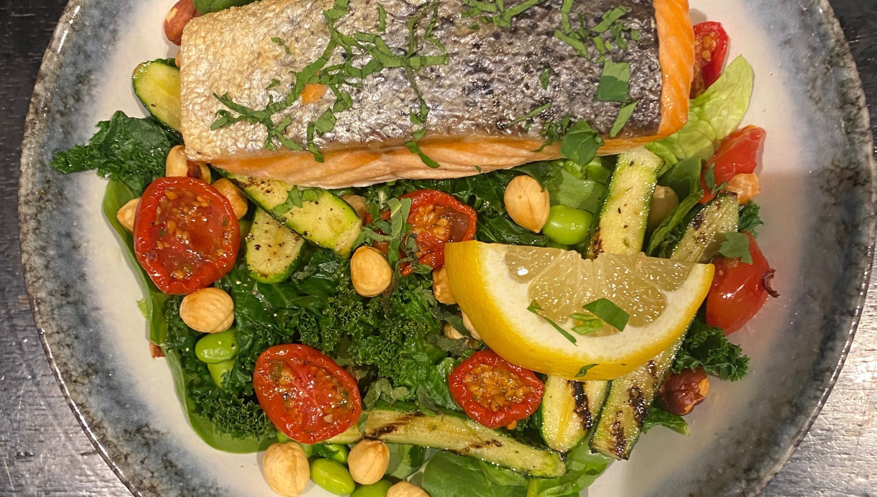 Fresh salmon salad at JB FiTNESS PERSONAL TRAINING, London, England, GB offers a healthy dining option.