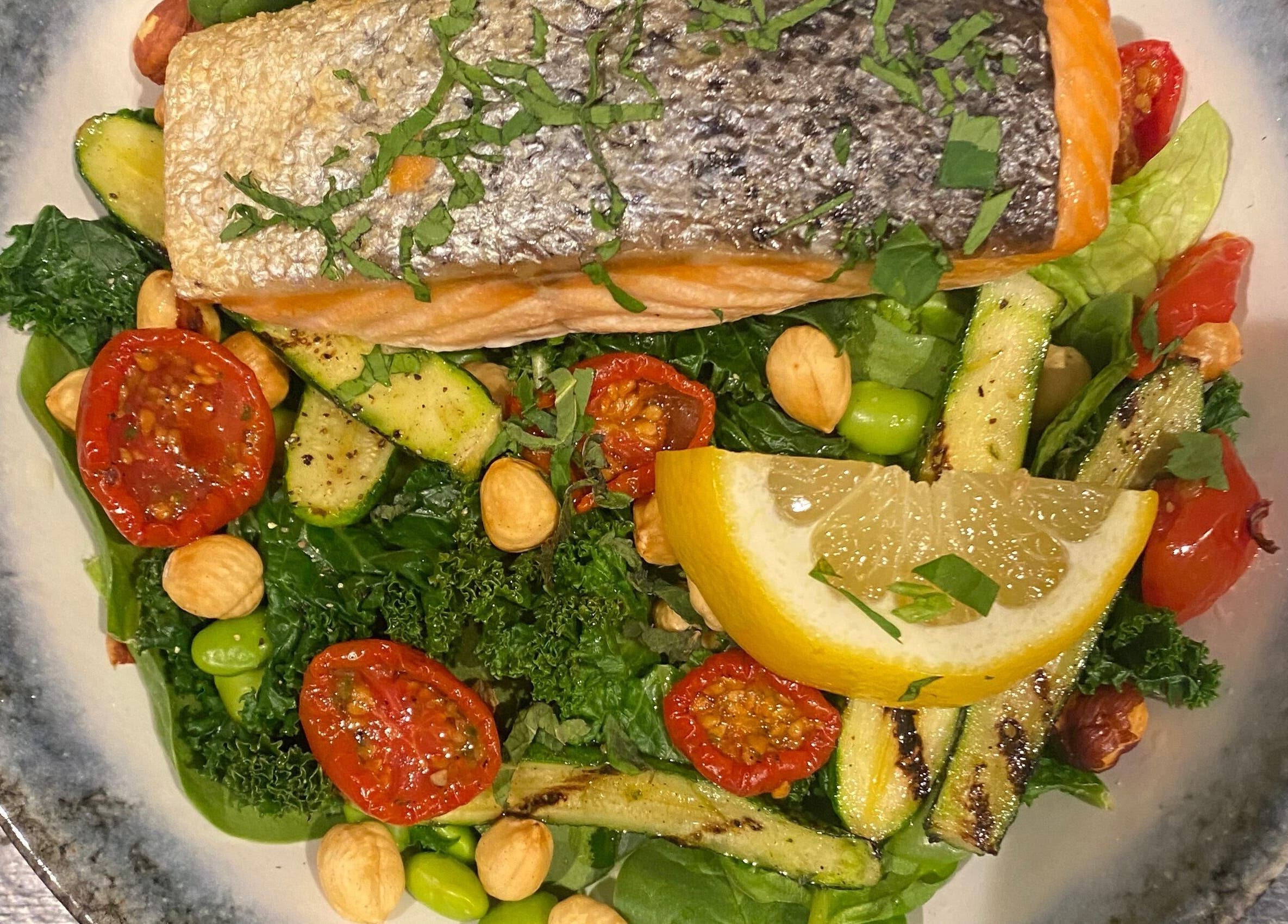 Fresh salmon salad at JB FiTNESS PERSONAL TRAINING, London, England, GB offers a healthy dining option.