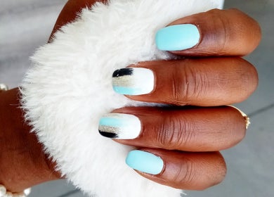 Elegant turquoise and white nail design at Jean's Hair Team in Gqeberha, Eastern Cape, ZA.