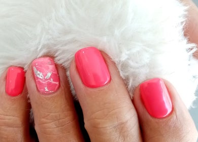 Stylish pink nail art at Jean's Hair Team, Gqeberha, Eastern Cape, ZA.