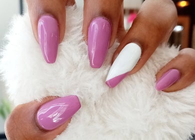 Elegant pink and white manicure at Jean's Hair Team, Gqeberha, Eastern Cape, ZA.