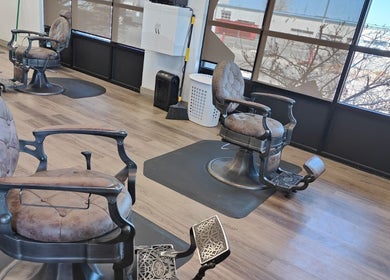 Vintage barber chairs at Angie’s Barbershop in Billings, Montana, US, showcasing a stylish and cozy interior.