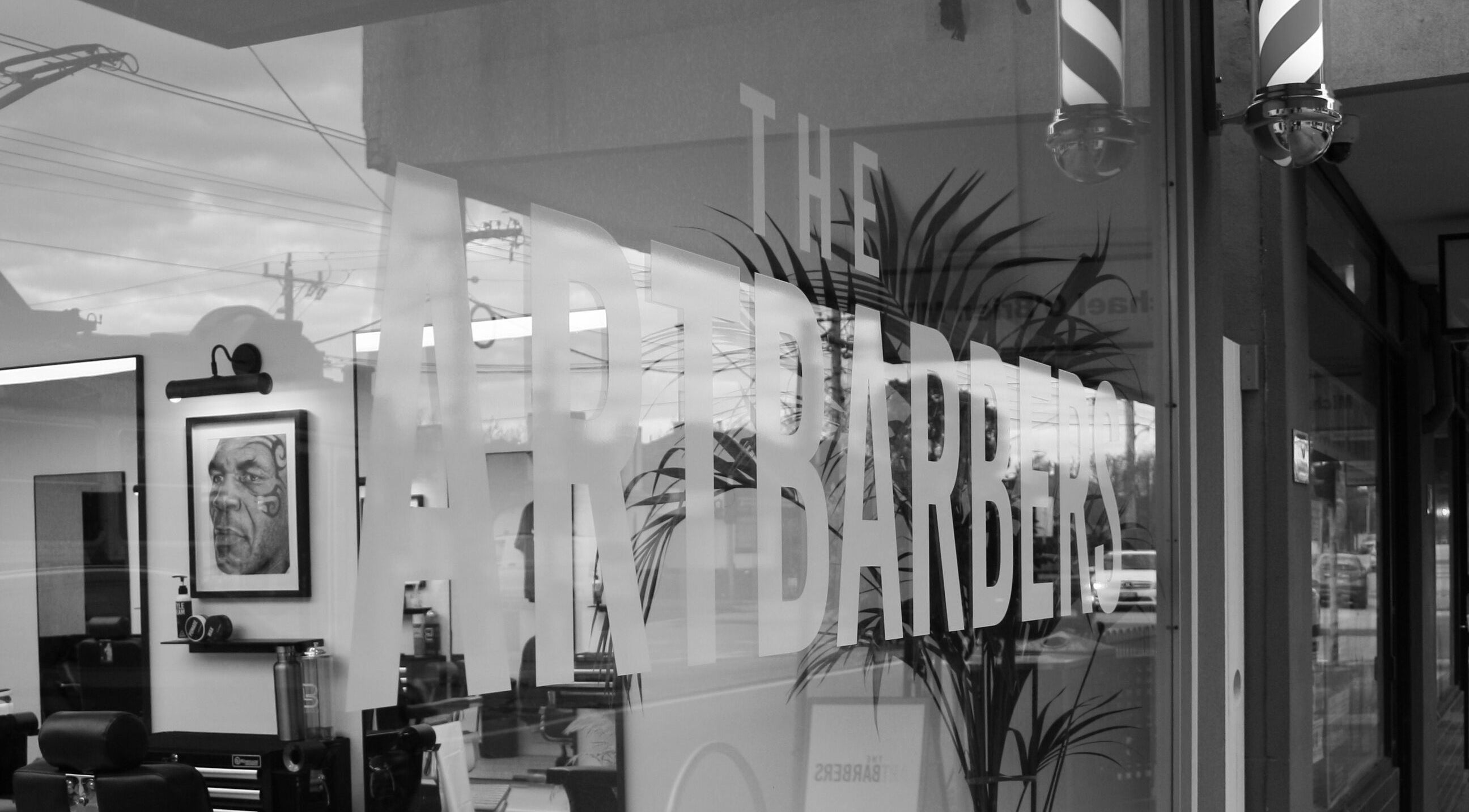 The Art Barbers Malvern storefront with vintage decor in Melbourne, Victoria, AU.