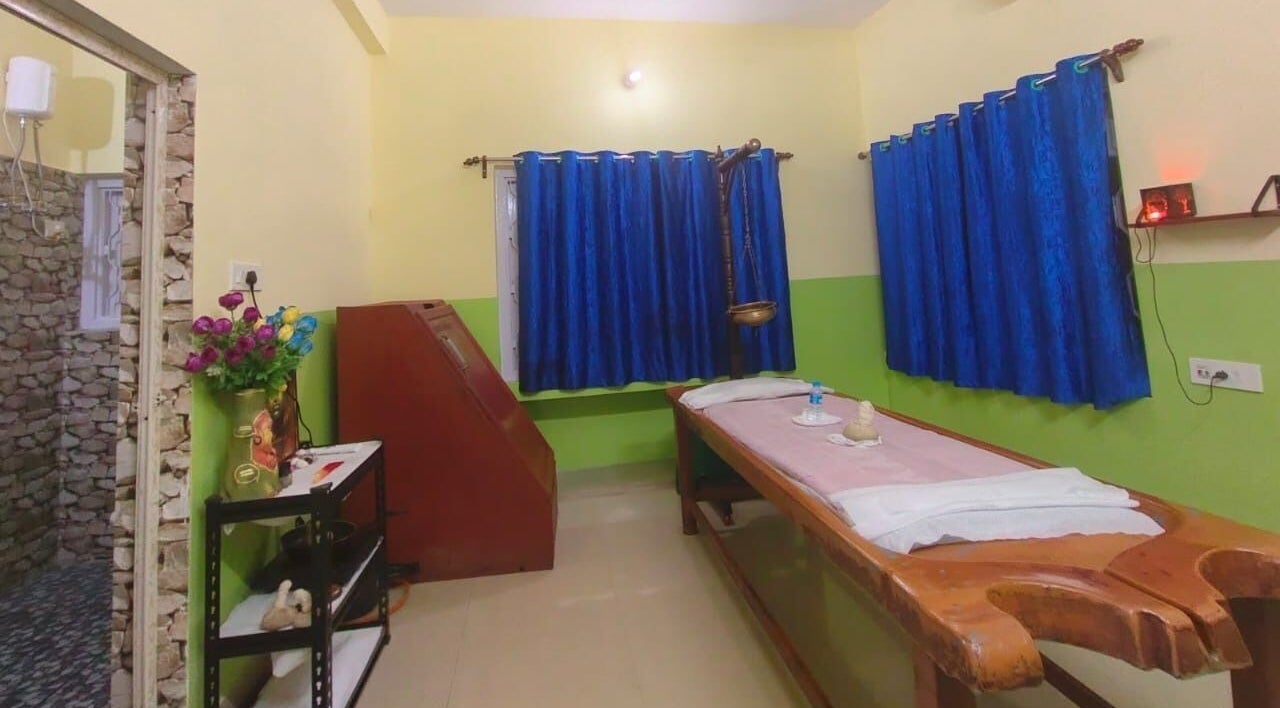 Calming therapy room at Arogya Ayurveda Panchakarma Center Pvt. Ltd., Kolkata, West Bengal, IN.