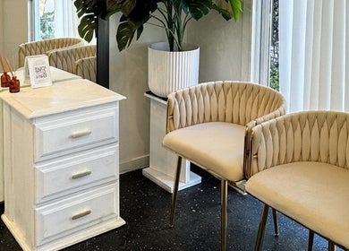 Chic waiting area at Flashy Lashies & Beauty, Lethbridge Park, New South Wales, AU with stylish seats and decor.