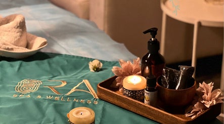 Ora Spa Home Service in Riyadh features a soothing setup with candles and wellness oils.