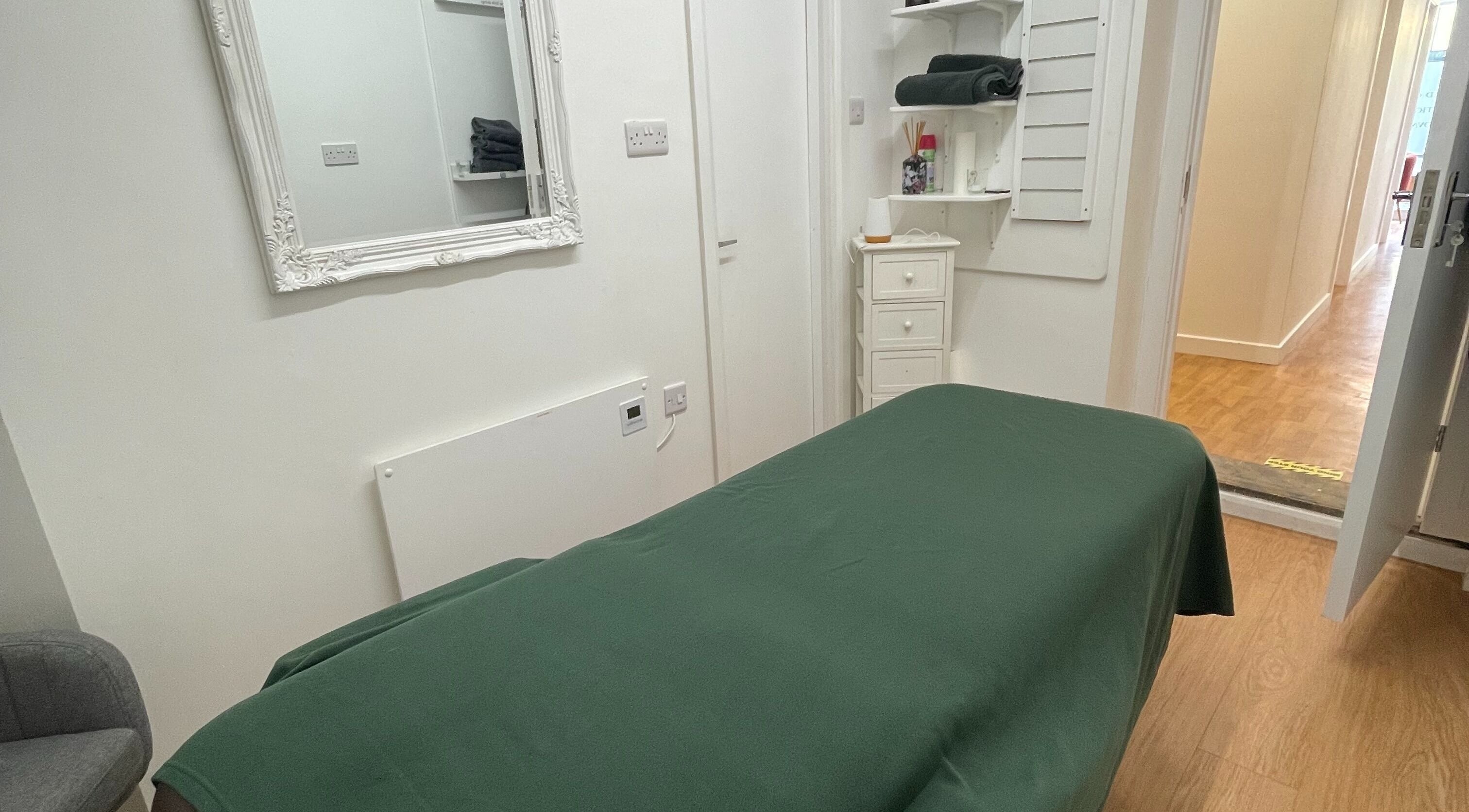 A peaceful massage room at LZ Massage Therapies, Whitley Bay, England, GB.