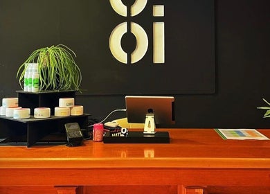 Oioi Barber Company South Street's sleek reception desk with products, Perth, GB.
