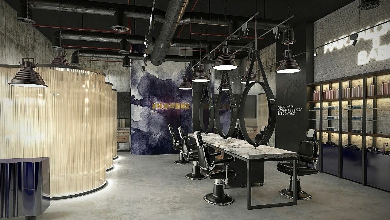 Modern interior of Shavers Gents Salon - Sobha Hartland, Dubai, Dubai, AE with stylish decor and barber chairs.