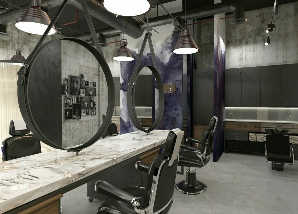 Interior of Shavers Gents Salon - Sobha Hartland in Dubai, Dubai, AE showcasing sleek barber chairs and mirrors.