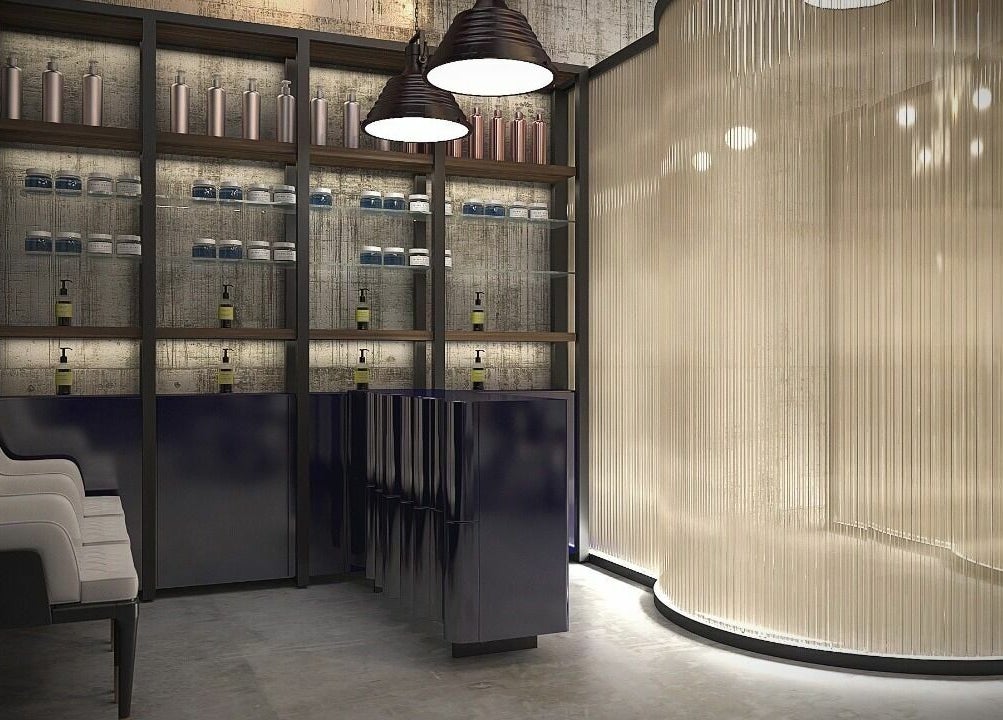Chic interior of Shavers Gents Salon - Sobha Hartland in Dubai, Dubai, AE featuring stylish seating and shelves.