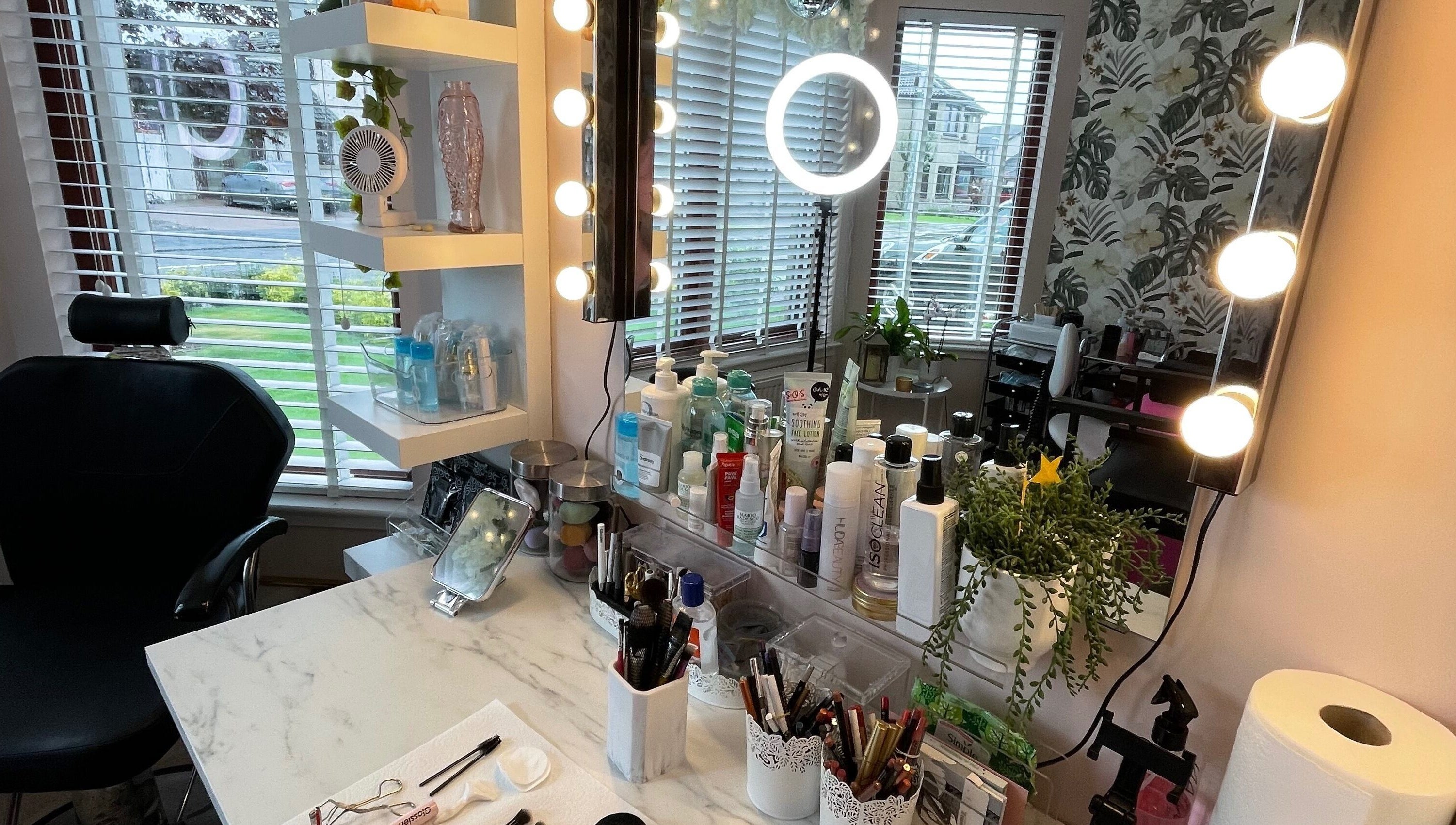 Go and Glow Makeup studio features a stylish vanity with products in Kinross, Scotland, GB.