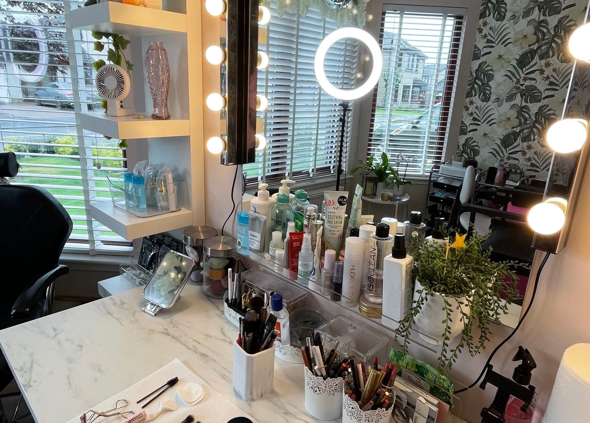 Go and Glow Makeup studio features a stylish vanity with products in Kinross, Scotland, GB.
