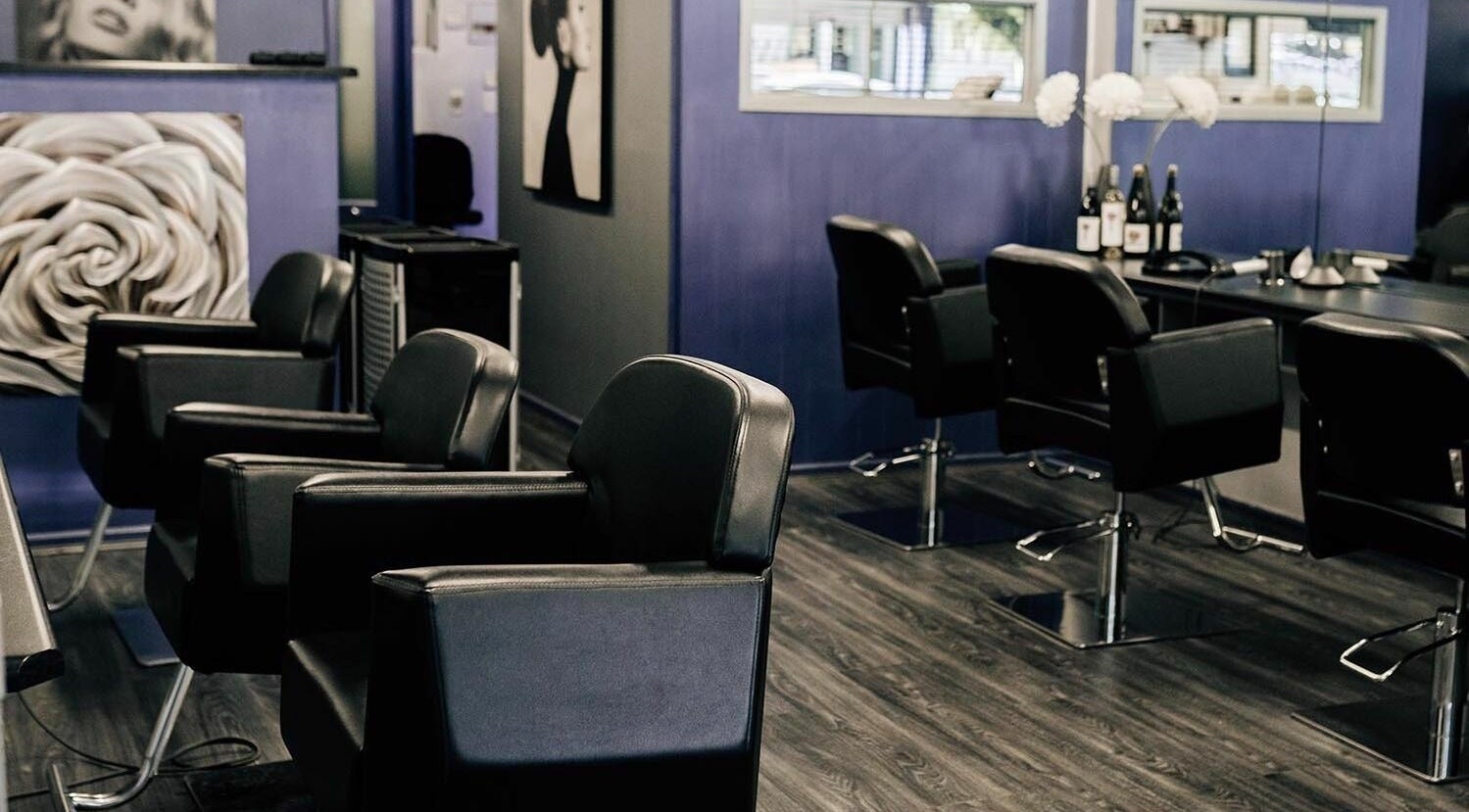 Modern chic interior of Wild Flower Hair and Beauty, Tanunda, South Australia, AU with sleek styling chairs.