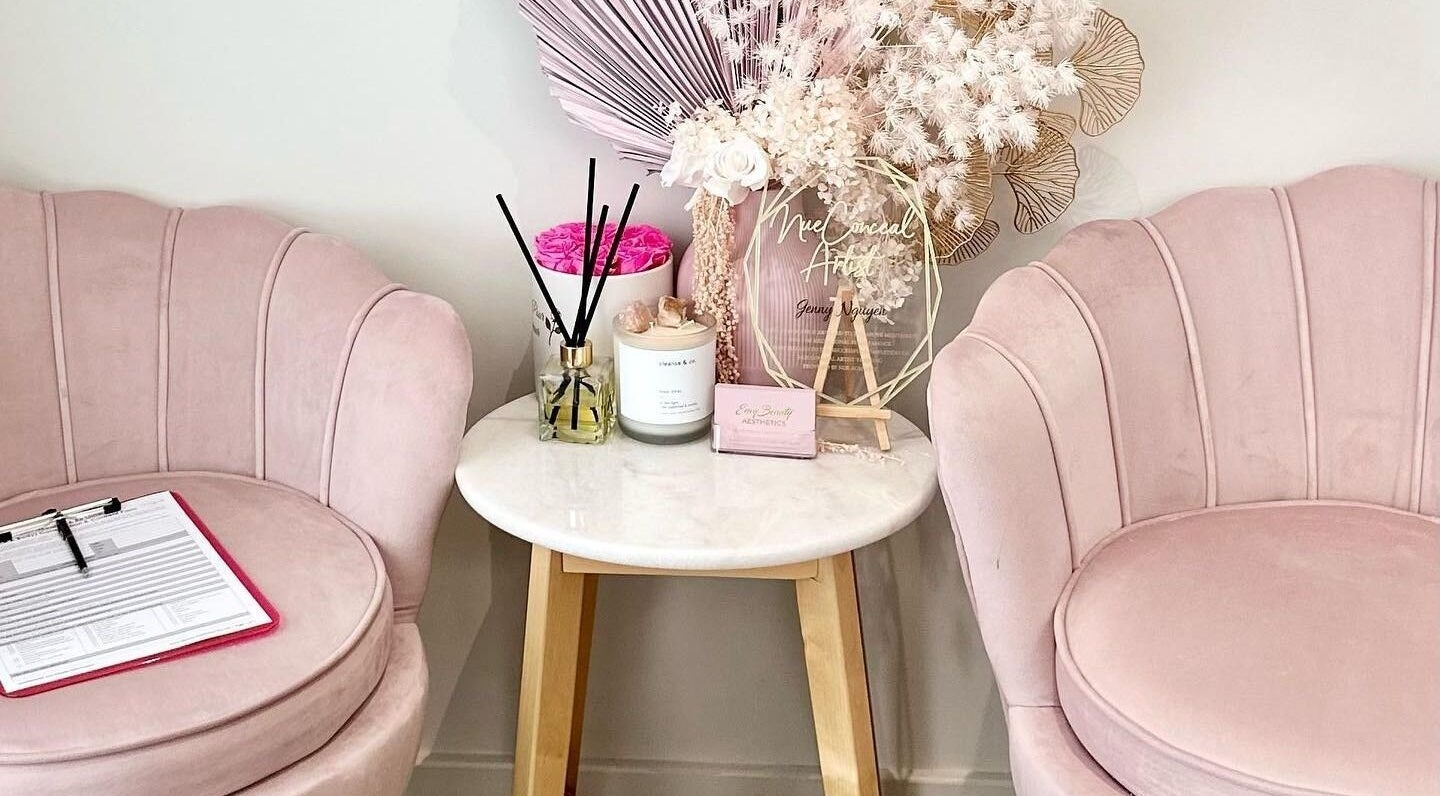 Elegant pastel seating area at Envy Beauty Aesthetics Pty Ltd in Hoxton Park, New South Wales, AU.