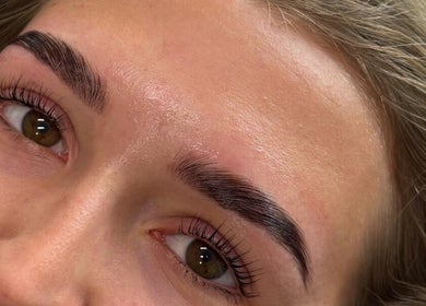 Close-up of styled lashes and brows at Lashes by Molly, Warrington, GB.