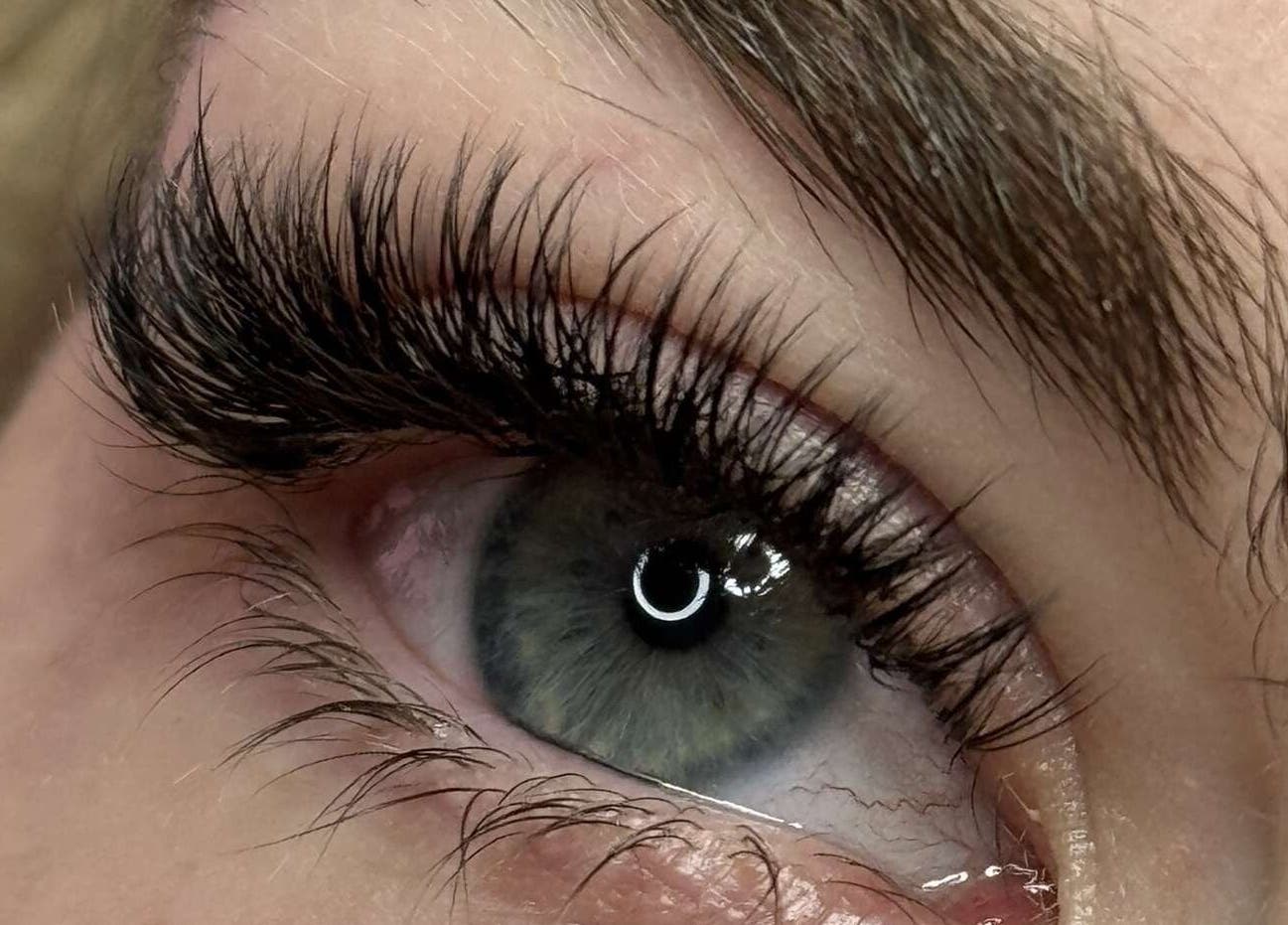 Close-up of expertly applied eyelash extensions by Lashes by Molly, showcasing volume and curl in Warrington, GB.