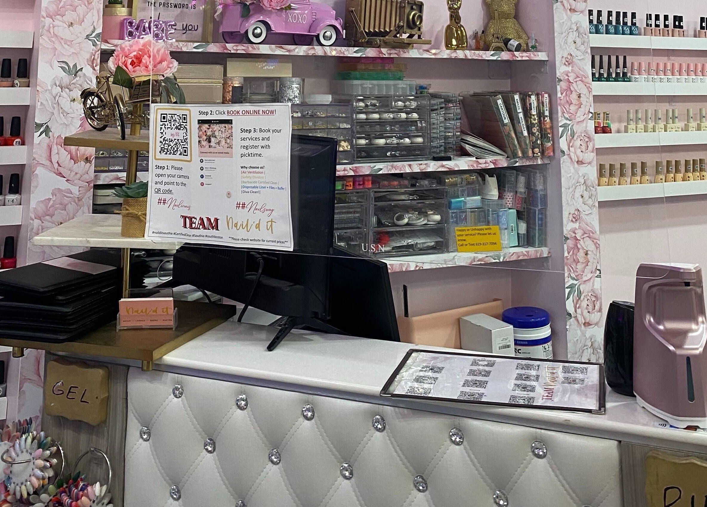 Elegant nail polish display at Naild It Southie, South Boston, Massachusetts, US.