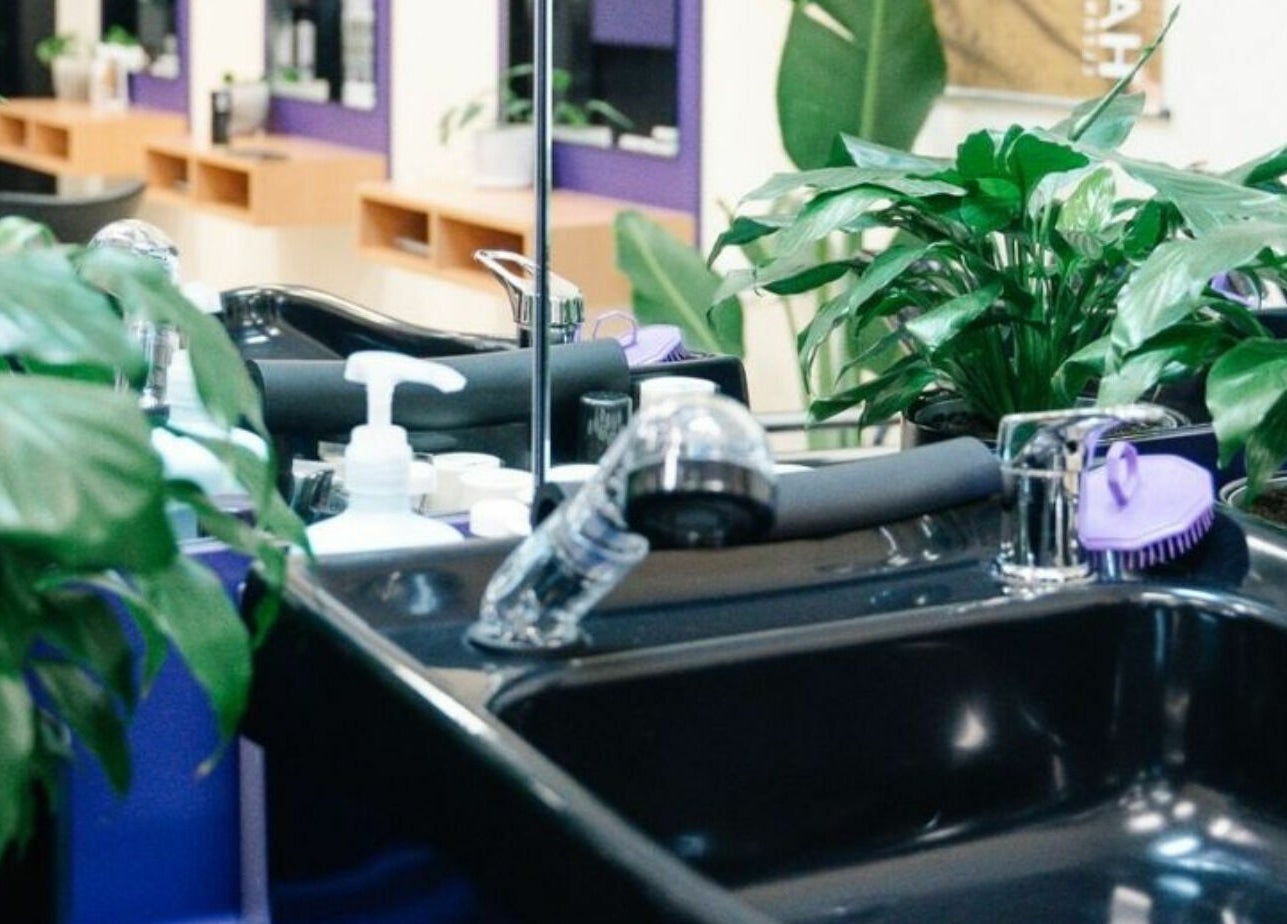 Modern sink area at Meraki Curlz in Mount Sheridan, Queensland, AU adorned with lush green plants.