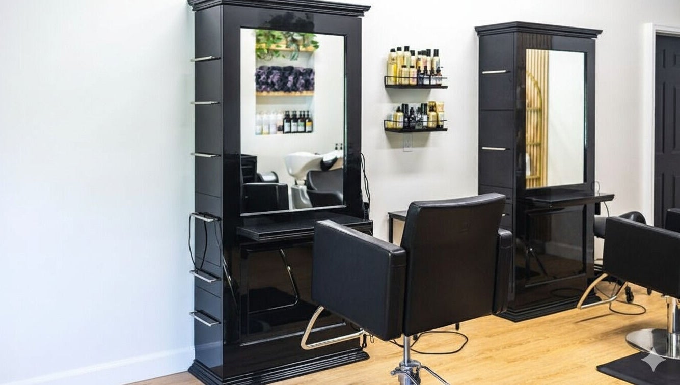 HBL Studio - Lauren Gibson in Millbrook, Ontario, CA showcases elegant black salon chairs and styling stations.