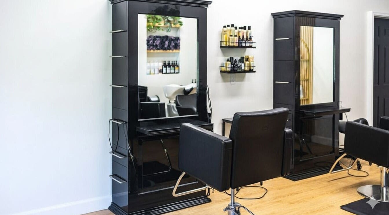 HBL Studio - Lauren Gibson in Millbrook, Ontario, CA showcases elegant black salon chairs and styling stations.