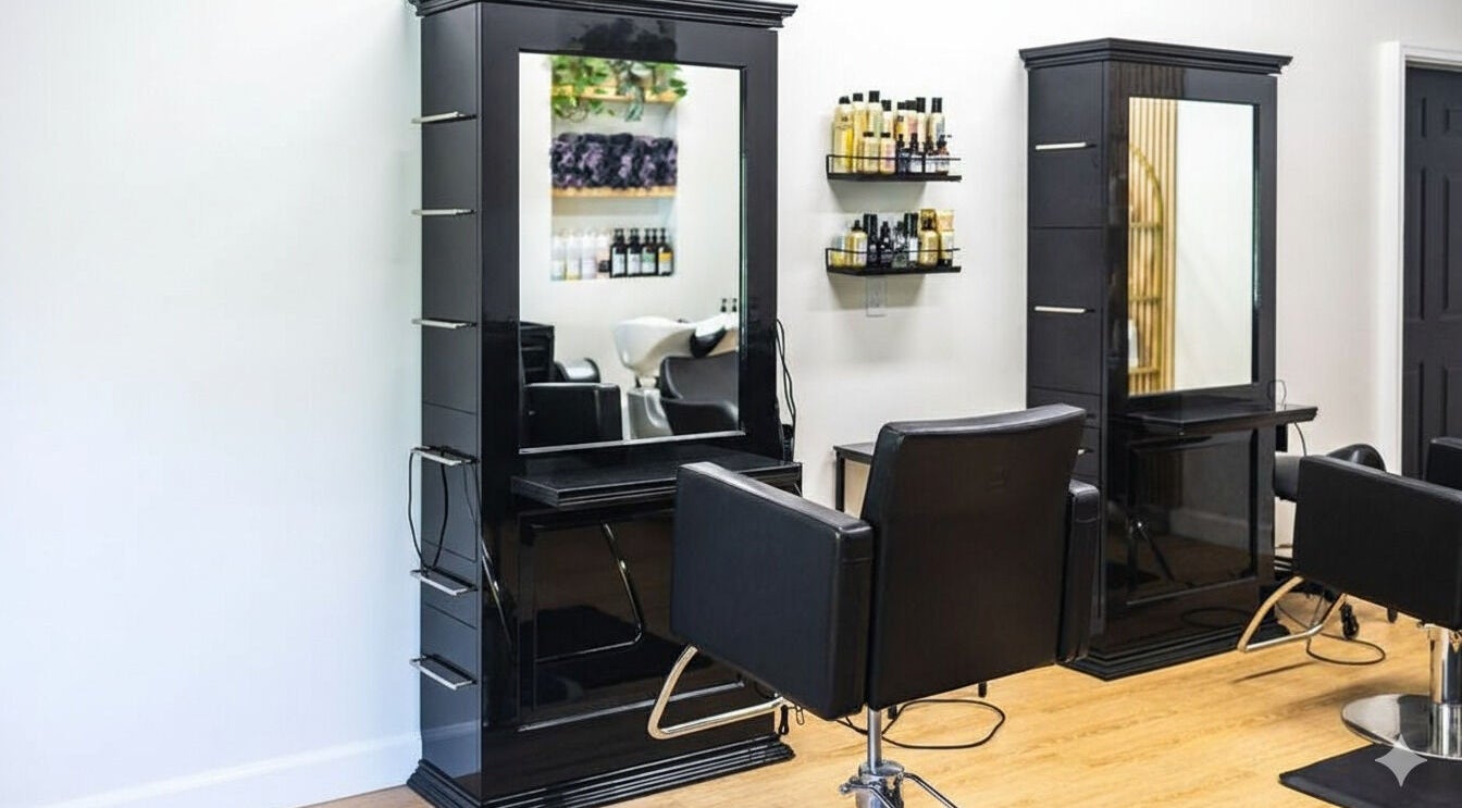 HBL Studio - Lauren Gibson in Millbrook, Ontario, CA showcases elegant black salon chairs and styling stations.