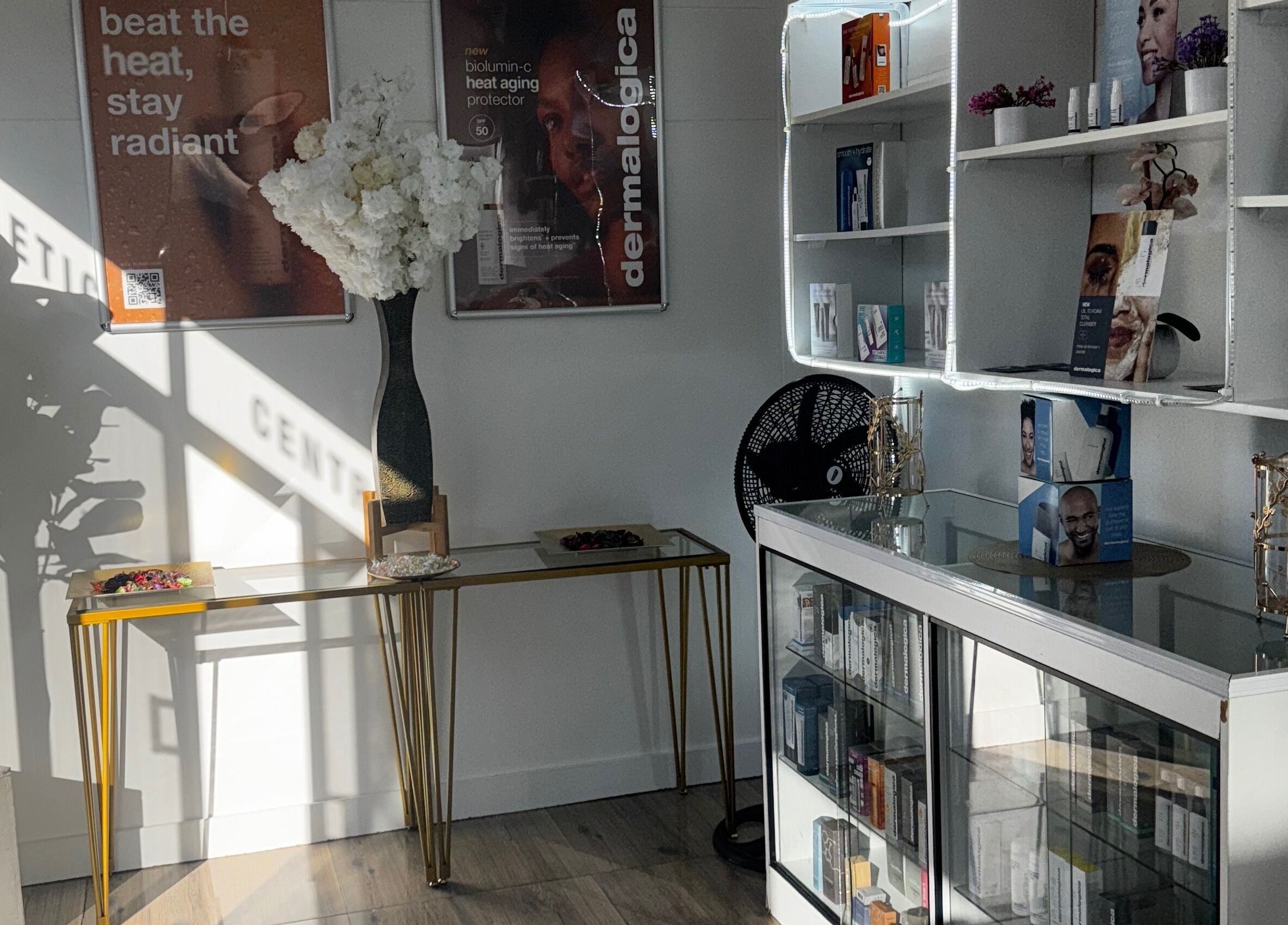 Elegant interior of Pamper Haven Aesthetic Spa, Harare featuring beauty products and decor.