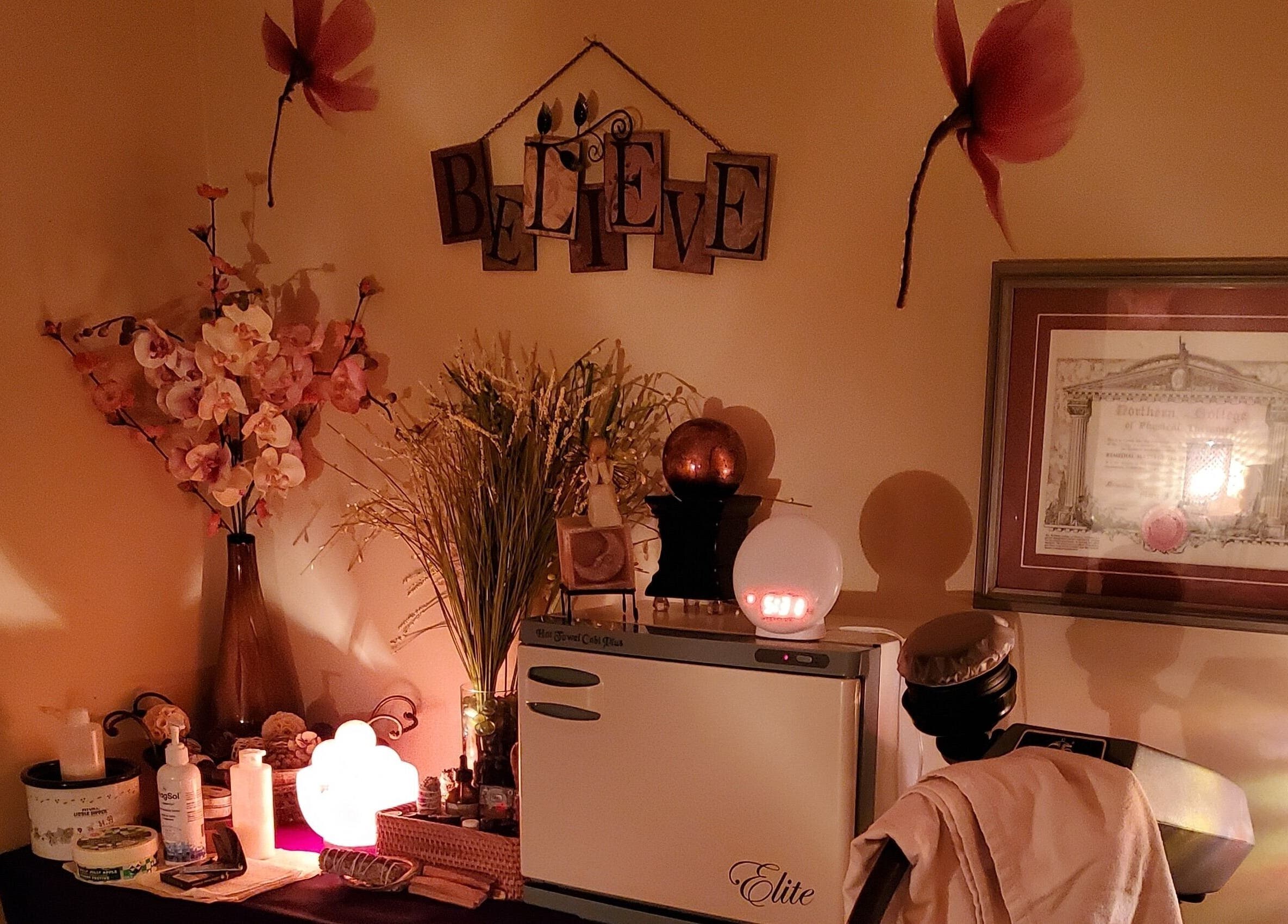 Relaxing massage room at Got Your Back Therapeutic Massage Services in Stony Plain, Alberta, CA with calming decor.